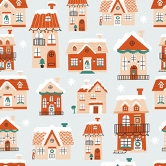 Wall Mural - christmas seamless pattern with winter houses. vector illustrations