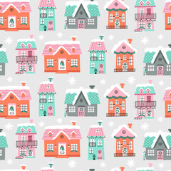 Wall Mural - christmas seamless pattern with winter houses. vector illustrations