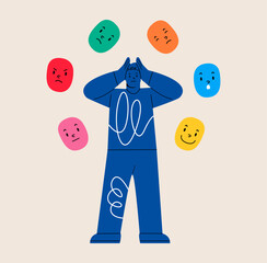 Many Personality. Mask with Different Emotion  Man. Colorful vector illustration