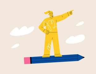 Woman flies to success on a pencil. Colorful vector illustration