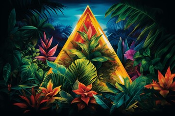 Wall Mural - Vibrant, glowing triangle amidst tropical leaves. Emphasizing nature's creativity. Generative AI
