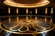 Black & gold floor with circular design and light shining. Generative AI
