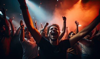 Wall Mural - Photo of a crowd of enthusiastic concert-goers raising their arms in excitement