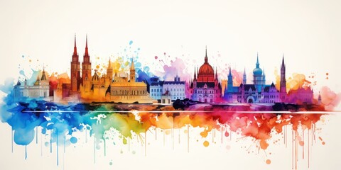 Wall Mural - Rainbow Aquarelle Silhouette of Viennas Iconic Cityscape, Showcasing Schönbrunn Palace, St. Stephens Cathedral, and the Elegance of Austrian Culture