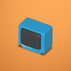 Black Screen 3D Generated Retro Cube Classic Analog TV Vector Illustration on Orange Background