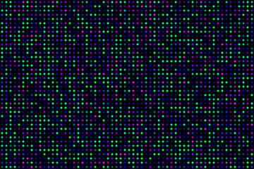 Macro pattern of LED screen with round multicolored pixels. Black video wall digital background. Electronic diode TV panel. Vector illustration.