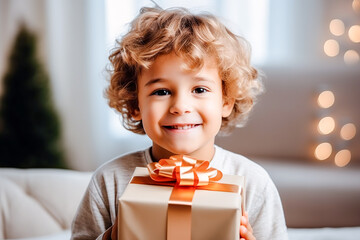 Wall Mural - Little child with gift boxesbackground