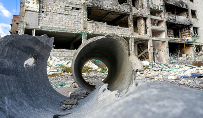 destroyed and burned houses in the city during the war in Ukraine