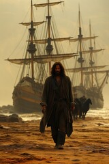 Poster - a man walking on a beach with a ship in the background