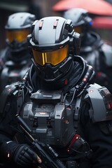 Poster - a group of people wearing black and orange armor