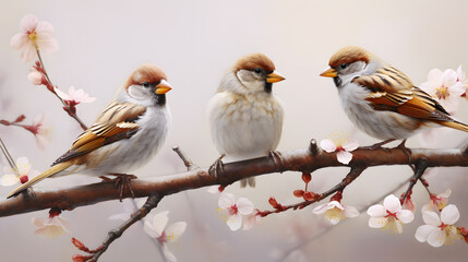 Wall Mural - small sparrows on branches sitting and eating small flowers