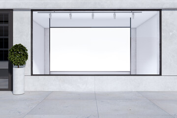 Poster - Empty storefront window with white mock up banner for your advertisement and decorative plant. Display, boutique and retail concept. 3D Rendering.