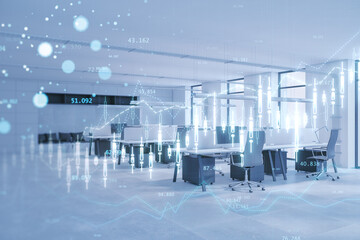 Poster - Contemporary office interior with creative glowing forex chart hologram on blurry background. Trade and finance concept. Double exposure.