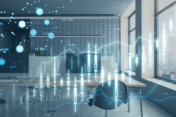 Canvas Print - Modern office interior with creative glowing forex chart hologram on blurry background. Trade and finance concept. Double exposure.