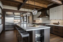 A high-end kitchen featuring wooden ceiling beams and contemporary hanging lights. Generative AI