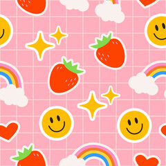 Emoji on a checkered pink background. Children's pattern with bright elements in the form of stickers.