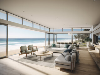 Poster - Artist's rendering of a living room with a view of the ocean. Generative AI