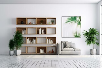 Wall Mural - Modern interior design featuring canvas frame, plant, books, white wall. Perspective illustrates a minimalistic yet elegant aesthetic. Generative AI