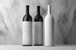 White label wine bottles on gray background. Alcohol, winery, beverage, elegance. Mock up, 3D rendering. Generative AI