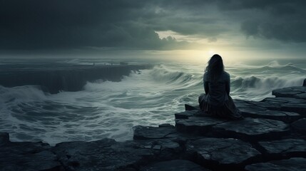 Poster - a woman sitting on a rock looking at a large wave