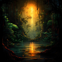 Wall Mural - Professional art pf jungle with golden sun background