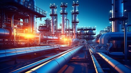 Industry pipeline transport petrochemical, gas and oil processing, furnace factory line, rack of heat chemical manufacturing, equipment steel pipes plant with Generative AI