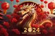 Chinese new year 2024 year of the dragon, red paper cut dragon character,flower and asian elements with craft style on background., Generative AI
