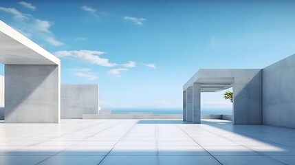 Wall Mural - Modern concrete architecture building, exterior floor and roof with empty space for mock up with blue sky background, in clean design, with Generative Ai.