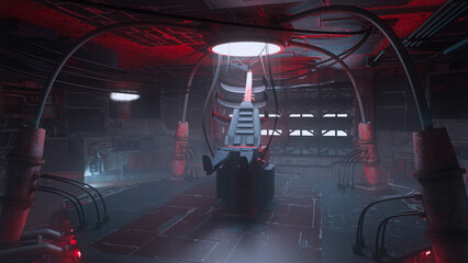 Aufkleber - Alien abduction examination chair in a dark sinister space ship. 3D rendering.