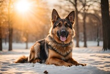 German Shepherd Outdoors In A Park In Winter Snowy Season During Late Winter Sunset With A Sun Flares In The Background. Generative Ai.