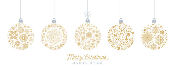 Poster - Merry Christmas Card with Golden Hanging balls Decoration on White Background
