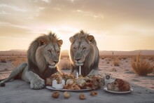 Close-up Of Lionesses Lying Eating