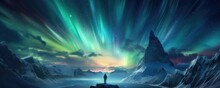 Person Stand On Cliff Look At The Colorful Sky With Aurora Borealis