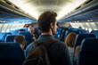 © ADDICTIVE STOCK - Generative AI illustration of back view guy standing of the plane of airplane and looking through illuminator during flight