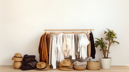 Wall Mural - a well-organized wardrobe with a stack of clean, freshly laundered women's clothes neatly folded on a rustic wooden table. The wall background adds to the minimalist and tidy look.