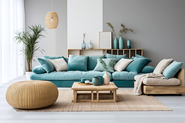 Blue sofa and beige recliner chair against grey wall with copy space. Scandinavian, minimalist home interior design of modern living room.