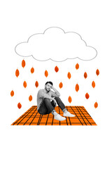 Sticker - Vertical composite creative photo collage of sad upset man sit on blanket in park in rainy weather isolated on white color background