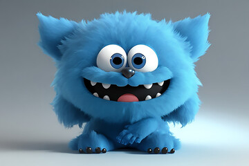 Cute blue furry monster 3D cartoon character. Ai Generated.