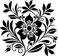 Canvas Print - Floral pattern design with leaves, vines and flowers, black and white ornament illustration 