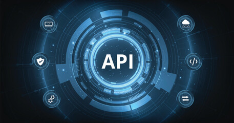 Leinwandbilder - Application Programming Interface (API). Software development tools, information technology, modern technology, internet, and networking concepts on a dark blue background.