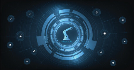 Poster - Industry 4.0 concept.Realistic robotic arm with futuristic elements on a dark blue background. Autonomous industrial technology design.	