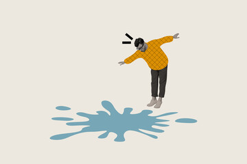 Sticker - Composite creative abstract illustration photo collage of careless man look down at puddle outdoors isolated on white color background