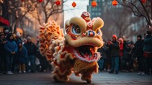 Dragon And Lion Dance Performance During Chinese New Year Parades