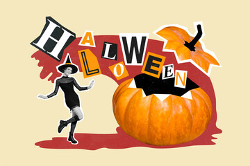 Sticker - Artwork collage picture of excited black white colors enchant girl dancing big opened pumpkin halloween poster isolated on beige background