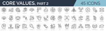Set of 45 outline icons related to core values. Linear icon collection. Editable stroke. Vector illustration