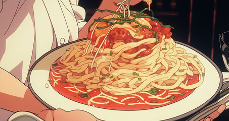 Wall Mural - Gourmet Pasta Affair: Anime-style Illustration of Italian Cuisine, generative ai