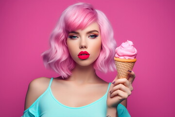 Beautiful woman with vivid makeup holding an ice cream. Fashion model. Pink color palette