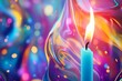 close up of a burning candle on a colorful background.