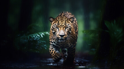 close-up of a jaguar stalking prey in the rain
