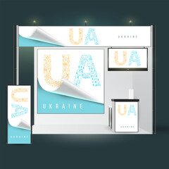 Wall Mural - Ukrainian corporate template design for exhibition branding in modern national patriotic style. Silhouette letter ua from small geometric elements. Creative minimal concept art. Vector illustration.